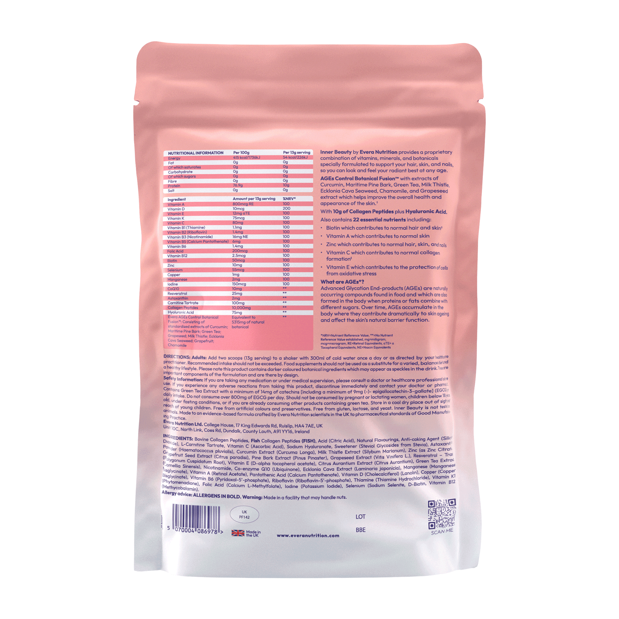 Back view of Evera Inner Beauty with nutritional information.