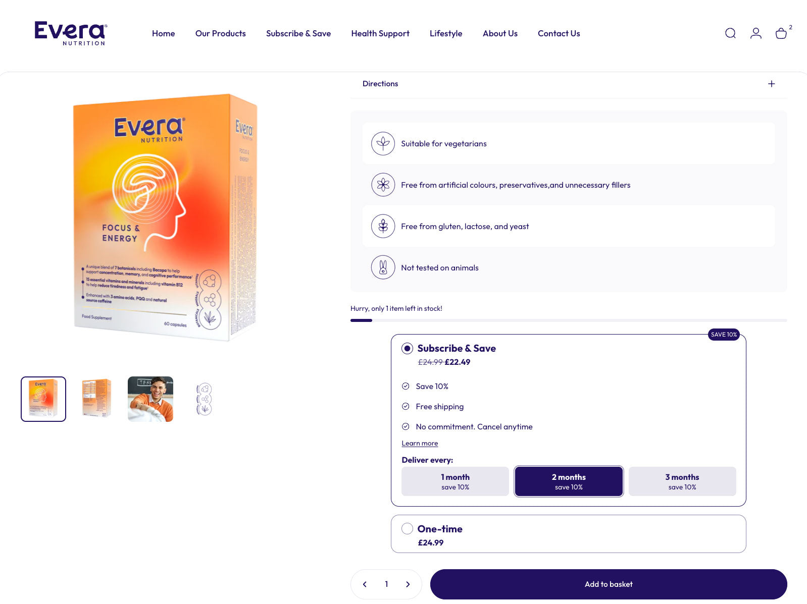 Evera Nutrition product on a website page with subscription options.