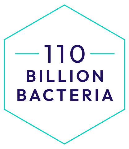Hexagonal logo with '110 Billion Bacteria' 