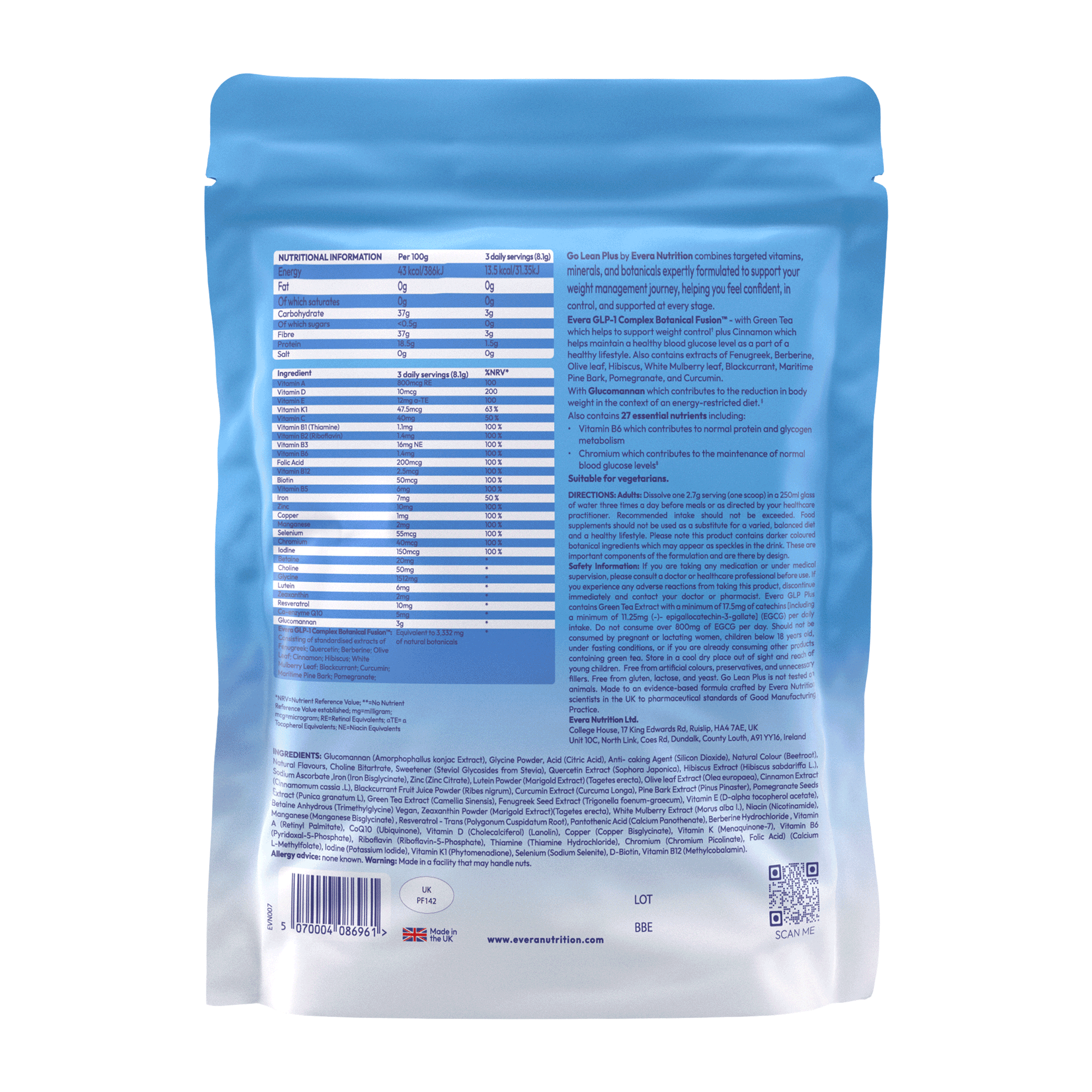 Evera Nutrition Go Lean Plus pack with nutritional information.