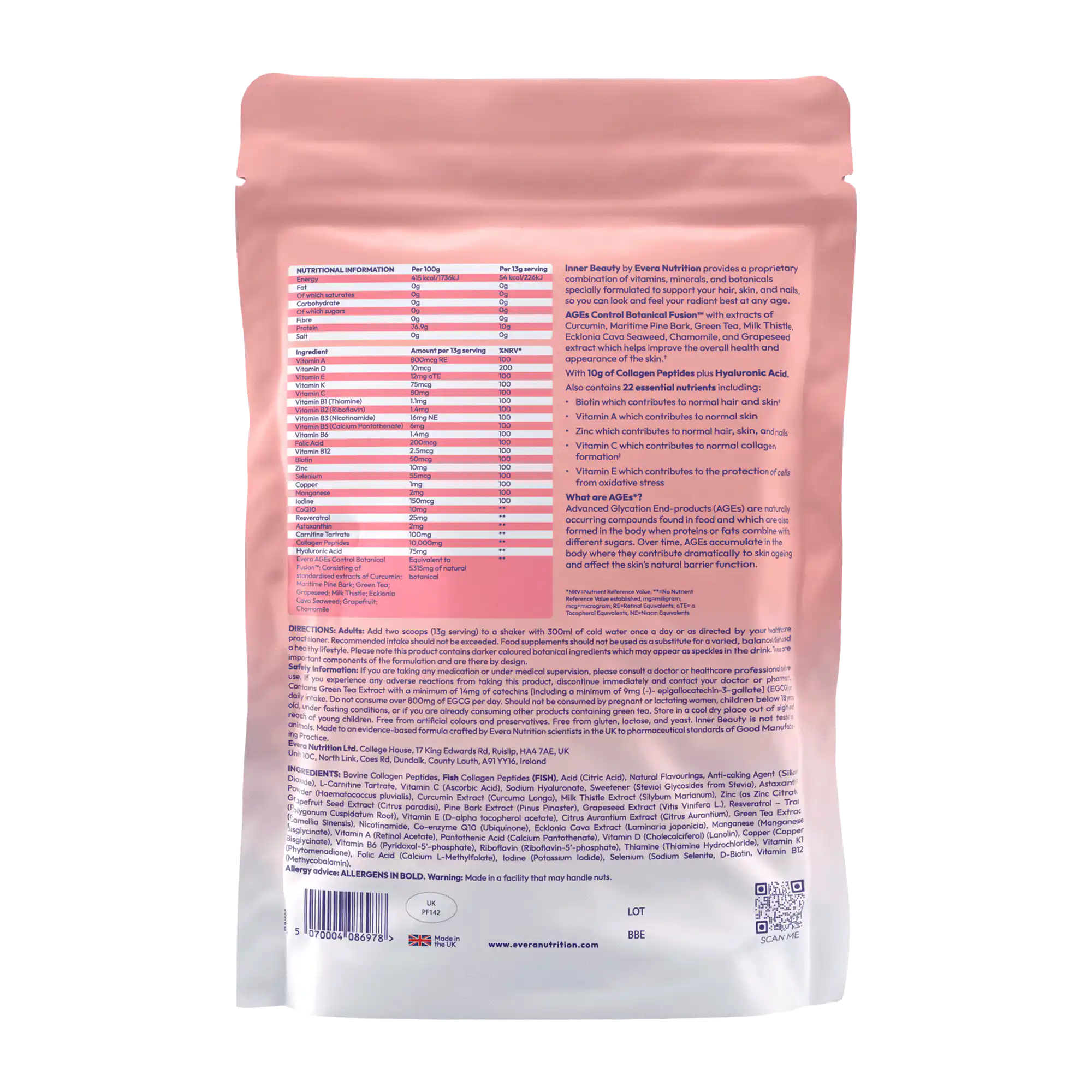 Back view of Evera Inner Beauty with nutritional information.