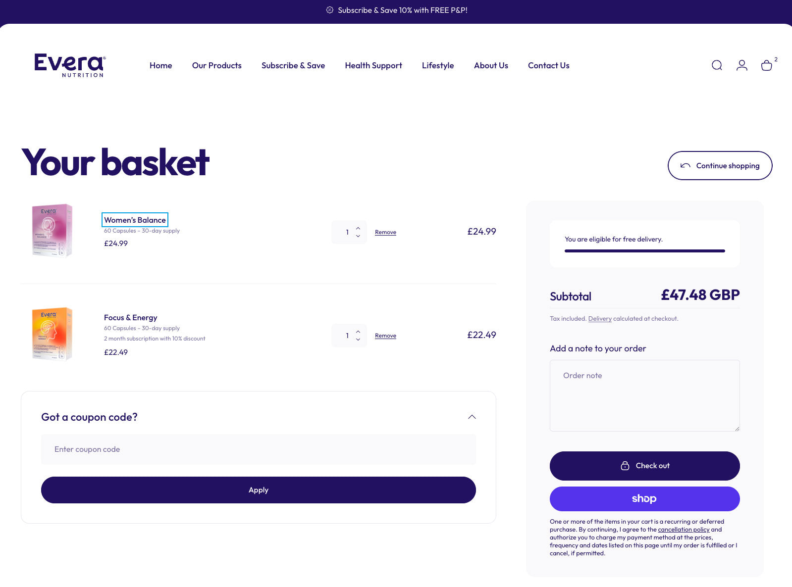 E-commerce basket page on Evera website with products and checkout options.