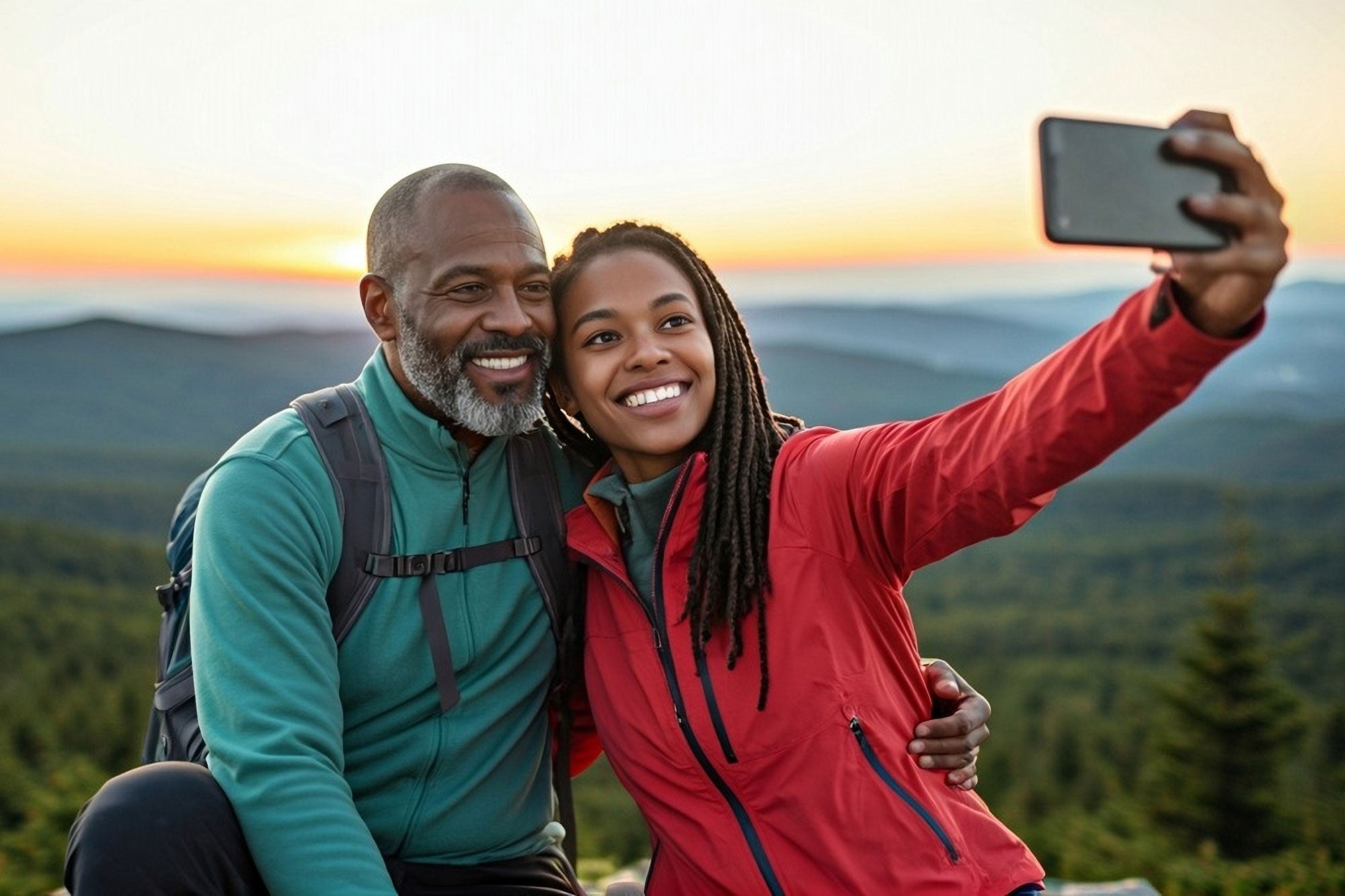Two people taking a selfie in a scenic outdoor setting with mountains and sunset.
