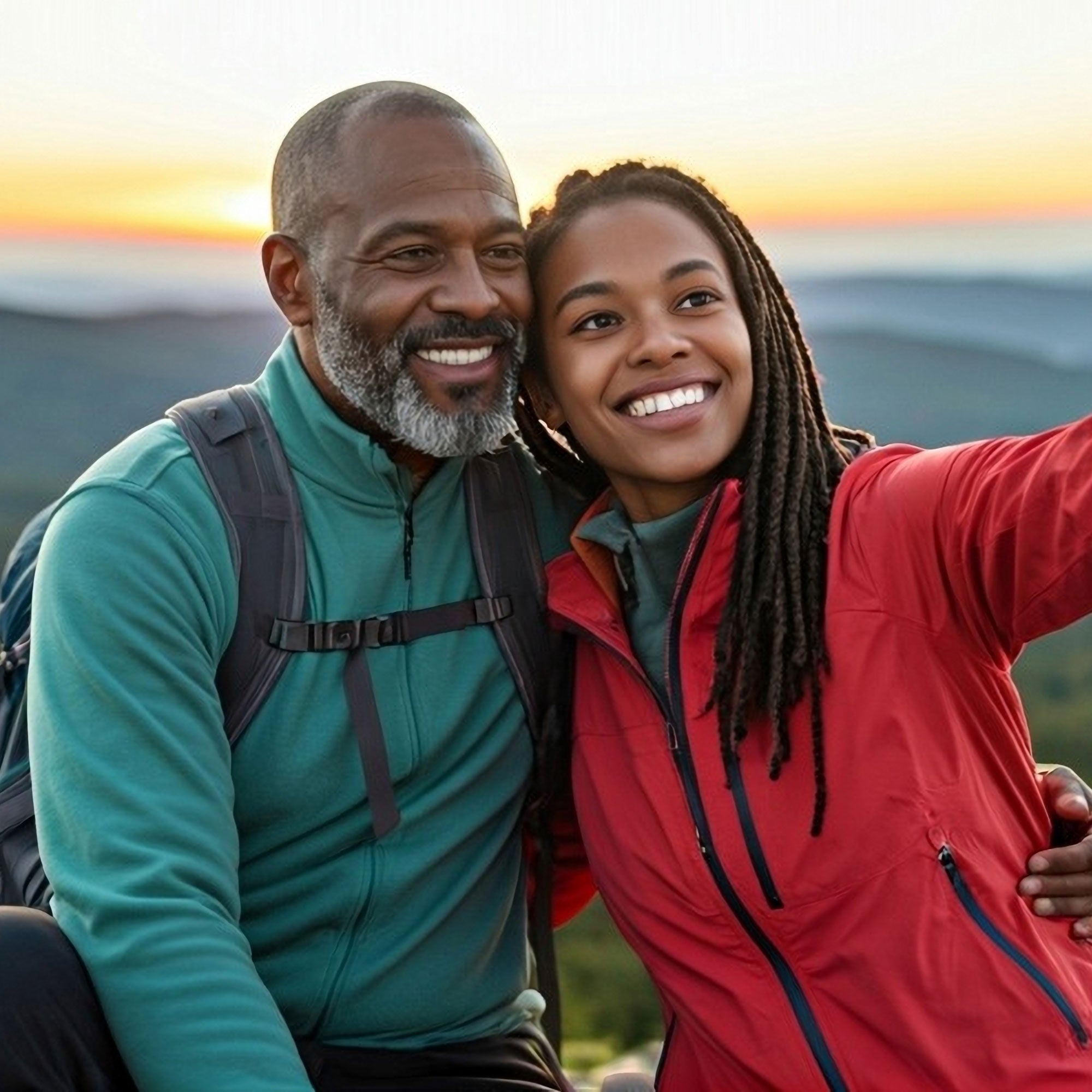 Man and woman sitting together with a scenic background